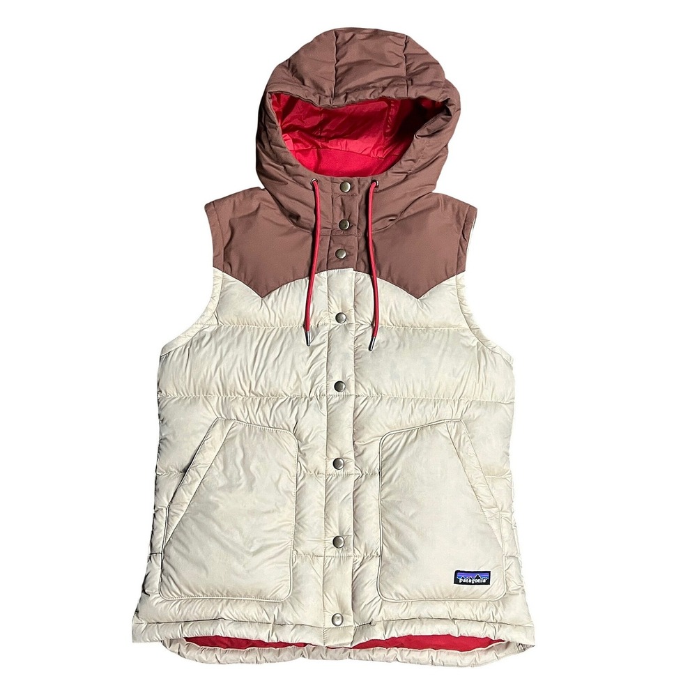 Patagonia Womens Bivy Hooded Vest Tan Brown Red Down Puffer 27747 Size M